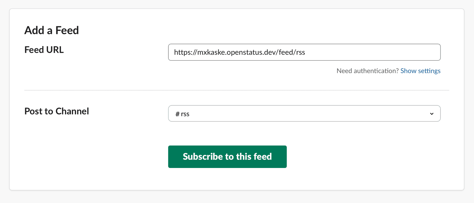 Slack RSS app settings - Subscribe to feed
